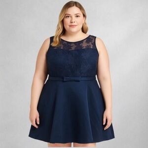 D2 Dress Size 18 Elegant Navy Blue Sleeveless Floral Lace Mesh Formal Dress